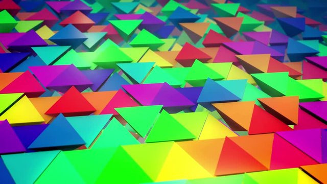 Cheerful 3d rendering of colorful pyramids located horizontally in straight and long lines with some pyramids pushed out with bottoms up. It looks original, childish and impressive.