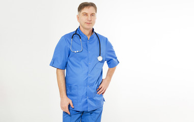 Caucasian white doctor man with stethoscope isolated white background.