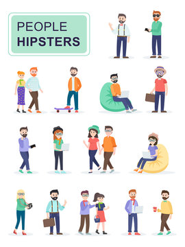 Set of stylish hipster people. Fashion girls and boys in different hipster suits. Cartoon characters isolated on white background. Flat vector illustration.