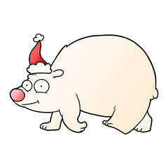 gradient cartoon of a walking polar bear wearing santa hat