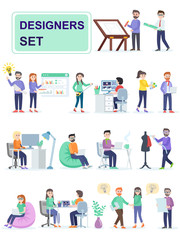 Set of coworking space with creative people sitting at the table. Designers invent and develop creative product designs. Cartoon characters isolated on white background. Flat vector illustration.
