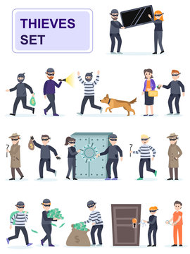 Set of criminals in different poses. Criminals and thieves risk and rob banks and people. Cartoon characters isolated on white background. Flat vector illustration.