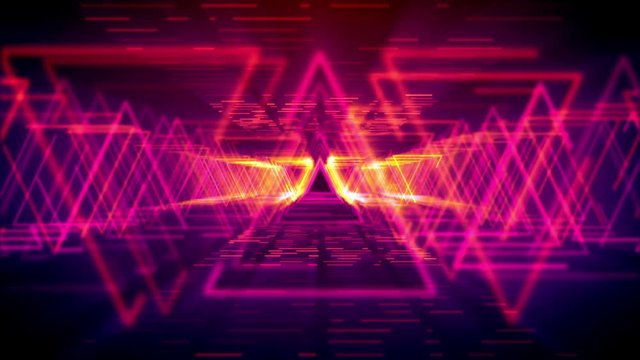 Futuristic 3d rendering of sparkling yellow triangles forming long and straight passages for flying objects in the pink cyber reality. It resembles innovative time portals.