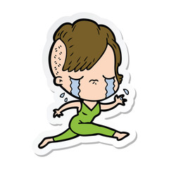 sticker of a cartoon crying girl running
