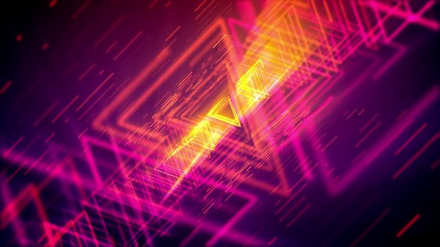 Stunning 3d rendering of glittering yellow and pink triangles forming lengthy and straight tubes for flying objects in the violet cyber reality. It resembles mysterious time portals.