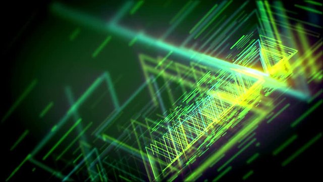 Striking 3d rendering of glittering yellow and salad triangles shaping lengthy and straight pipes for flying objects in the dark green cyber space. It looks like famous time portals.
