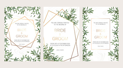 Wedding floral invitation, thank you modern card: ruscus italian wreath on white marble texture with a golden geometric pattern. Elegant rustic template. All elements are isolated and editable