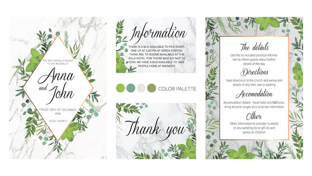 Wedding floral invite, details, rsvp, thank you label save the date card: rosemary, eucalyptus branches wreath on white marble texture with a golden geometric pattern. All elements are isolated 