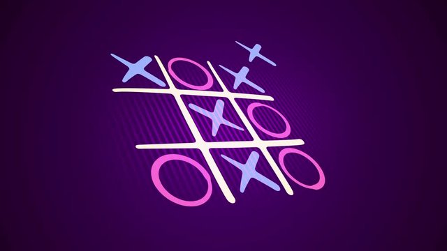 Amazing 3d rendering of atic tac toe game with a white grid, pink and celeste figures, a winning diagonal end and a long line in the violet background placed askew. It looks nice.
