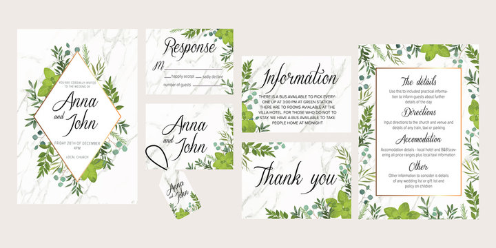 Wedding floral invite, details, rsvp, thank you label save the date card: rosemary, eucalyptus branches wreath on white marble texture with a golden geometric pattern. All elements are isolated 