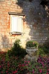 Croatia, window, house, wall, old, flowers, architecture, flower, home, building, stone, brick, windows, wood, plant, green, town, europe