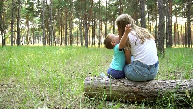 Adorable little toddler boy reaching to hug and kiss his sister sitting together on fallen tree in pine forest skyline