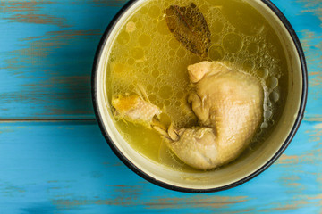 chicken legs (boiled chicken meat). top  food background. copy space