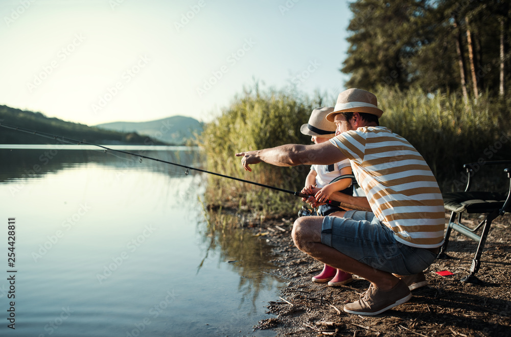 Wall mural A mature father with a small toddler son outdoors fishing by a lake.