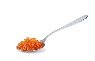 Spoon filled with red caviar on a white background