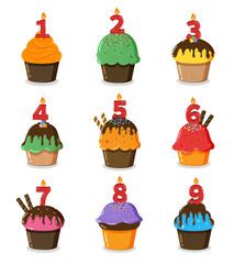 Set of birthday cupcakes with number candles