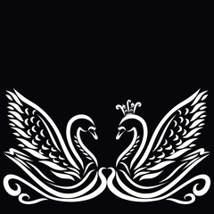 Obraz premium lovers fabulous swans on a black background, white pattern
