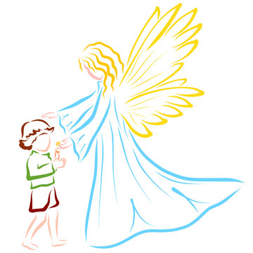 Angel or fairy guards the flame of a candle in the hands of a child