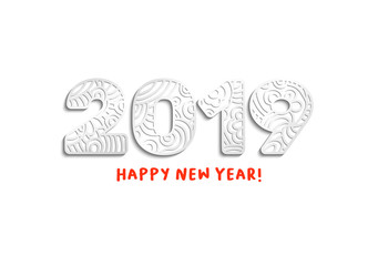 Fototapeta premium 2019 silver laser cut ornate numbers vector illustration. Happy New Year handwritten red lettering. Decorative paper cut clipart with wavy pattern. Greeting card isolated design element