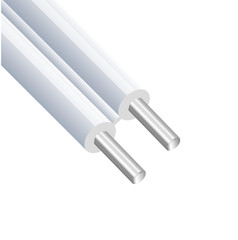 Fototapeta premium Flexible two-wire electrical aluminum cable isolated on white background. Copper multicore cable with double color insulation. Close-up section. Power wire.