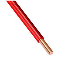 Flexible electrical copper cable isolated on white background. cable with red colored insulation. Close-up section. Power wire.