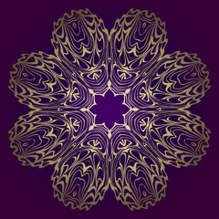 Circle Floral Pattern. Hand Draw Mandala. Decorative Elements. Vector Illustration. Anti-Stress Therapy Pattern. Purple, gold color