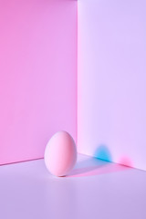 Violet-pink egg on a double pink-lilac background with reflection of blue coral shadows and space for text. Creative Easter Layout