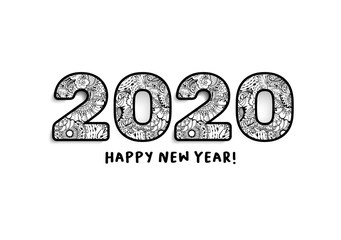 2020 Lettering, Happy New Year Greeting. Calendar Front Cover, Horizontal Slogan with Chinese Zodiac Xmas Holiday, Doodle Nombers with Black Ornament. Notepad Isolated Print.