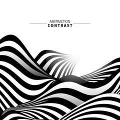 Abstract black and white waves color background with copyspace. Contrast wavy vector illustration. Monochrome stripes drawing. 3d wave-like backdrop composition. Minimalistic poster design