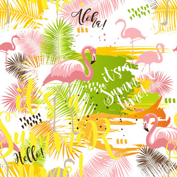 Summer tropical seamless abstract pattern with palm leaves and flamingo