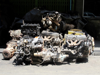 Used and old car engine in the recycle garage for sale