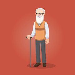 Bearded old man, grandfather in glasses with a stick