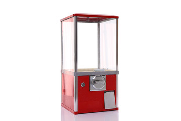 empty red capsule toy vending machine on white background