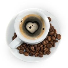 isolated image of a cup of coffee and coffee beans