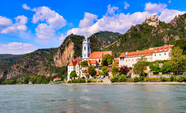 The medieval town of Dürnstein along the Danube River in the picturesque Wachau Valley, a UNESCO World Heritage Site, in Lower Austria