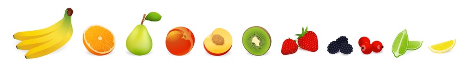 Vector fruits and berries set isolated on white background. Healthy organic food like banana, orange, strawberry useful at any packaging design template  © Shiny777