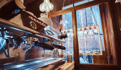 Close-up of the coffee machine in the restaurant or cafe shop