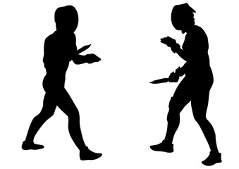 Women in sport fight with knives on white background