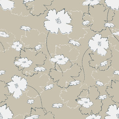 Seamless pretty pattern in cute white flowers on burlap fond. Floral print for textile, fabric manufacturing, wallpaper, covers, surface, wrap, scrapbooking, decoupage, clothes.Vector illustration