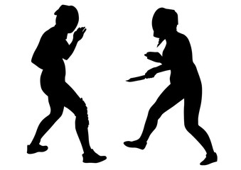 Women in sport fight with knives on white background