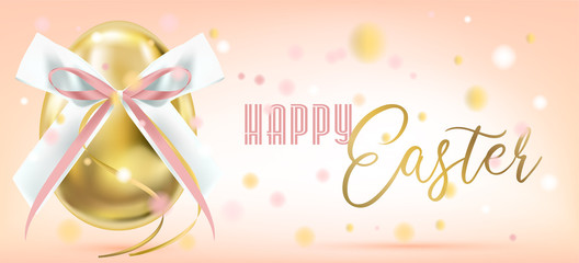 Obraz na płótnie Canvas Easter golden egg with silk bow in confetti