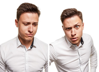 Fototapeta na wymiar Young man with an expressive face, wearing white shirt, isolated on white background