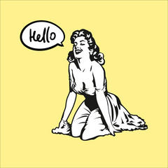The charming girl smiles and sits on knees. Says hello