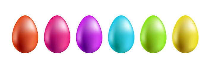 Color Easter eggs stand in a row on a white background.