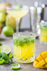 Fresh mango mojito cocktail with lime and mint in a glass