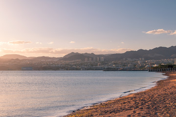 Sunset on Eilat beach in Israel.