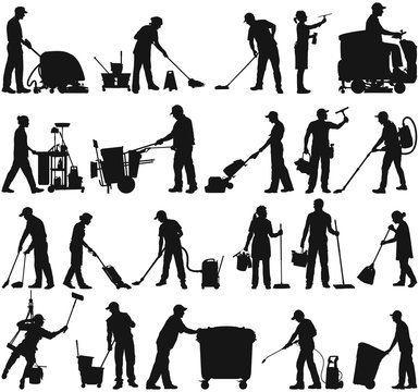 Cleaning service janitor workers vector silhouette collection