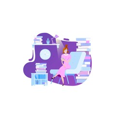 Reading books flat style illustration, person reading a book on interior background, concept for application.