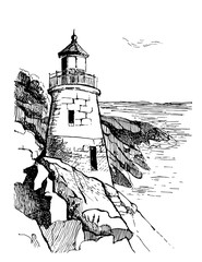 Sea landscape with a lighthouse. Sea hand drawn sketch illustration. Poster for a children's room. Beacon on a rock in the sea.Owls Head Light in Portland.