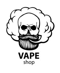 Hand-drawn hipster skull with mustache and beard. Man with vape and cloud. Electronic Cigarette. Vector.